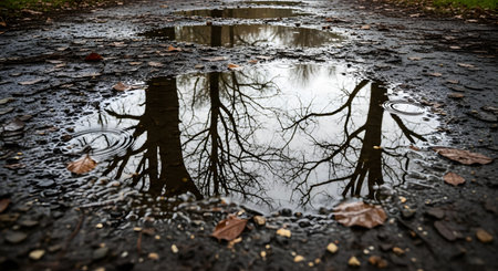 A rain puddle on a dirt path in a forest reflects the bare branches of trees above. The scene captures the quiet, somewhat melancholic atmosphere of a damp autumn or winter day in nature.の素材