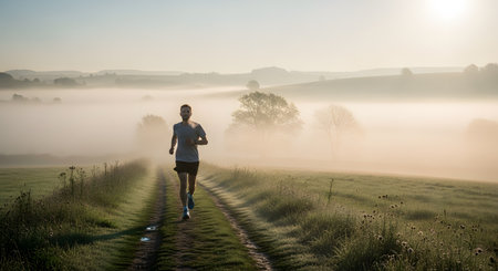 A male runner jogs along a dirt path through a misty countryside landscape at sunrise. The atmospheric image represents dedication to fitness, health, and the solitude of morning exercise in nature.の素材