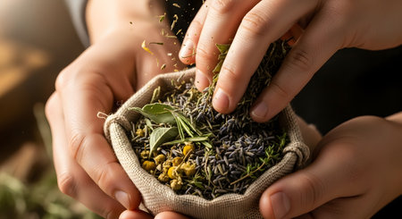 Close-up of hands mixing an assortment of dried herbs including lavender and chamomile in a small burlap sack. The image evokes themes of natural medicine aromatherapy and organic ingredients.の素材