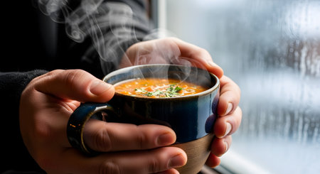 Close-up of hands holding a ceramic mug filled with hot vegetable soup. Steam rises from the bowl against a backdrop of a window covered in condensation, evoking a sense of warmth and comfort during cold weather.の素材