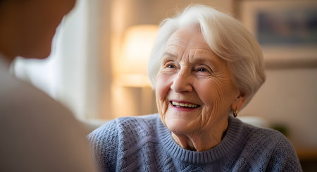 A close-up portrait of a happy elderly woman with white hair smiling warmly. She is looking slightly off-camera, wearing a blue sweater in a soft-lit indoor setting that suggests comfort and kindness.の素材