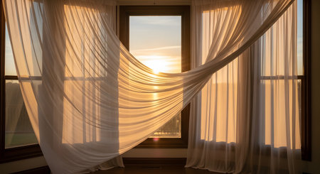 Sheer white curtains blow dramatically in the breeze at a large bay window with the sun setting in the background. The warm golden light filters through the fabric creating a peaceful and airy home atmosphere.の素材