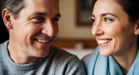 A close-up portrait of a happy middle-aged couple smiling affectionately at each other. Their expressions convey deep love, trust, and connection in a mature relationship.の素材