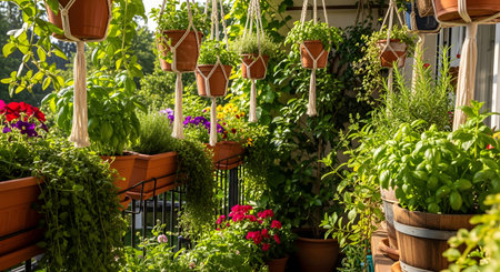 A lush and vibrant balcony garden filled with hanging terracotta pots containing herbs like basil and rosemary, alongside colorful blooming flowers. The sunny urban oasis showcases successful small-space gardening.の素材