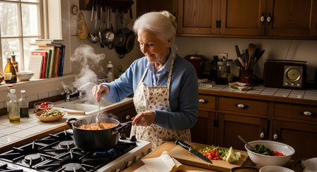 A happy elderly woman cooks a homemade meal in a cozy kitchen, stirring a steaming pot of soup on the stove. Fresh chopped vegetables lie on the counter, highlighting a healthy and traditional lifestyle.の素材
