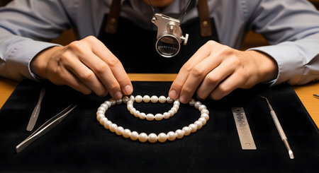 A jeweler's hands carefully assemble a pearl necklace on a workbench lined with precision tools. The image captures the delicate and skilled process of jewelry making and inspection.の素材
