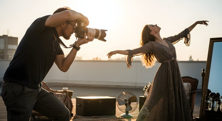 A professional male photographer captures images of a female dancer posing dramatically in a long dress on a rooftop during the golden hour. The scene includes vintage props like a mirror and fan, creating an artistic and ethereal atmosphere.の素材