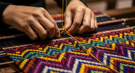 Close-up of an artisan's hands carefully weaving colorful geometric patterns on a traditional handloom. The image captures the intricate detail and craftsmanship involved in creating handmade cultural textiles.の素材
