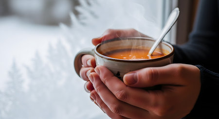 A person's hands hold a warm mug of steaming tomato soup near a frosted window overlooking a snowy landscape. The scene captures the comfort and warmth of enjoying hot food during a cold winter day.の素材