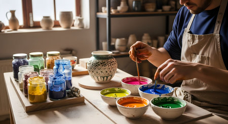 An artisan potter carefully applies colorful glaze to a ceramic pot in his workshop. Jars of vibrant pigments surround him as he focuses on the detailed decoration of his handmade craft.の素材