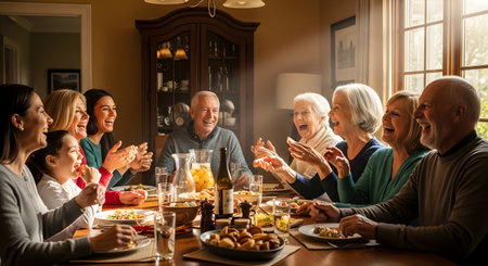A large happy multigenerational family enjoys a festive dinner at a dining table. They are laughing, talking, and sharing a meal, creating a warm atmosphere of love and bonding across generations.の素材