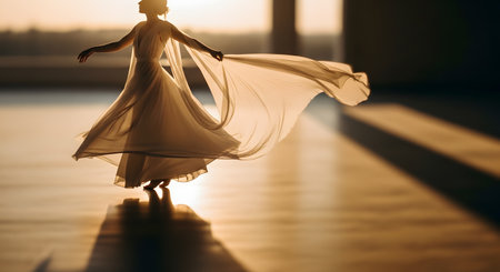 An artistic silhouette of a female dancer spinning in a long, flowing dress against a backdrop of golden sunlight and long shadows. The image captures the elegance, grace, and freedom of movement in an expressive dance performance.の素材