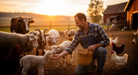 A smiling farmer kneels to feed a group of sheep and chickens from a wooden bucket, with cows and a barn in the background at sunset. The warm golden light illuminates the idyllic rural scene of sustainable agriculture and animal care.の素材
