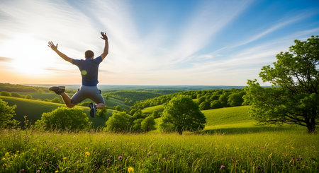 A man jumps high into the air with arms raised in a lush green field overlooking rolling hills at sunset. The image captures a moment of pure freedom, success, and vitality amidst a beautiful natural landscape.の素材