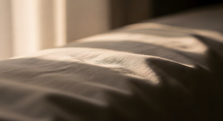 A close-up abstract view of beige fabric texture illuminated by warm sunlight, creating soft shadows and highlights. The image emphasizes the weave and material quality, suitable for backgrounds or design elements.の素材