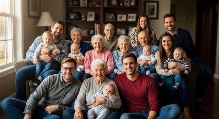 A large, happy family spanning four generations poses together on a sofa in a living room. The group includes babies, young adults, middle-aged parents, and elderly grandparents, showcasing strong family bonds and togetherness.の素材