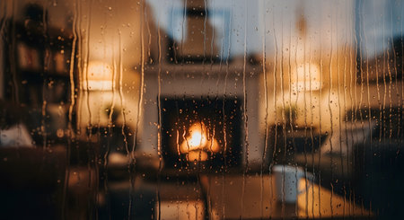 Raindrops streak down a glass window pane, blurring the view of a warm, cozy living room with a crackling fireplace in the background. The scene captures the comforting contrast between the cold, wet weather outside and the warmth inside.の素材
