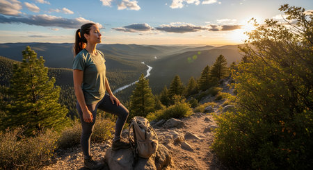 A female hiker stands on a mountain peak closing her eyes to breathe in the fresh air at sunset. The scenic view includes a winding river and forest hills illuminated by golden light.の素材