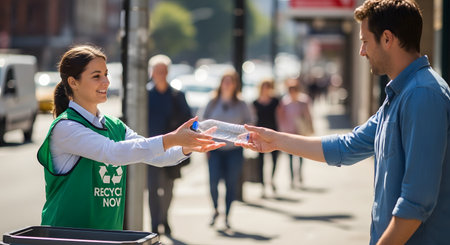 A smiling female volunteer wearing a green recycling vest receives a plastic bottle from a man on a city street. The image promotes environmental awareness, waste management, and community recycling initiatives.の素材