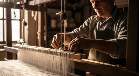 A close-up of a craftsman's hands working on a traditional wooden loom, weaving white threads with focus and skill. The warm lighting highlights the texture of the yarn and the intricate mechanical details of the textile production process.の素材
