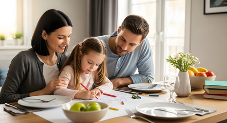 A happy family consisting of a mother father and daughter sits at a dining table drawing with crayons. The parents smile warmly at their child as she creates art fostering creativity and family togetherness.の素材