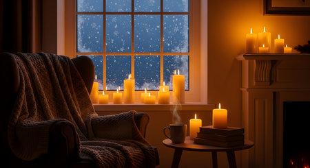 A cozy winter interior features an armchair with a knitted blanket, a steaming cup of tea on a table with books, and glowing candles. Snow falls gently outside the window, contrasting the warmth inside with the cold outdoors.の素材