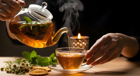 Hot herbal tea is being poured from a glass teapot into a matching glass cup, releasing visible steam against a dark background. Fresh mint leaves are visible inside the pot, creating a cozy and soothing atmosphere.の素材
