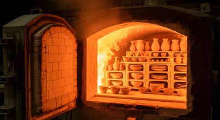 An open industrial pottery kiln reveals shelves stacked with ceramic vases, bowls, and plates being fired with visible flames. The intense heat and orange glow highlight the manufacturing process of ceramic art and dishware.の素材