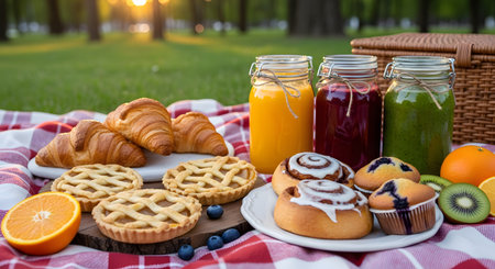 A delicious picnic spread on a red and white checkered blanket in a green park. The setup includes jars of colorful fresh juices, croissants, fruit tarts, cinnamon rolls, and muffins, illuminated by the golden hour sun.の素材