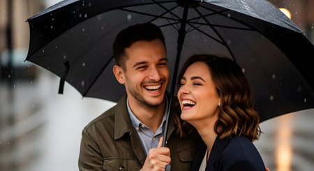 A cheerful couple laughs and hugs while huddled under a large black umbrella during a rainy day in the city. The image captures pure joy and romance despite the wet weather conditions.の素材