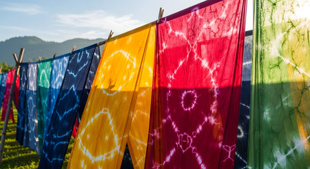 Rows of vibrant tie-dye fabrics hanging on a line to dry in the sun against a green natural background. The colorful patterns display traditional textile dyeing techniques and artistic craftsmanship.の素材
