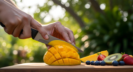 Close-up of hands using a knife to slice a fresh yellow mango into cubes on a wooden board. Surrounded by strawberries, blueberries, and kiwi, the scene highlights healthy eating and fresh summer fruit preparation.の素材