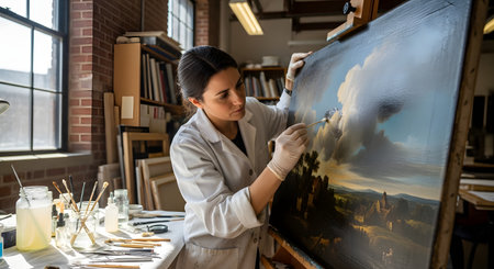 A professional female art conservator carefully cleans a classic landscape painting using a swab in her studio. She wears a white lab coat and gloves demonstrating the precision and skill required for art restoration.の素材