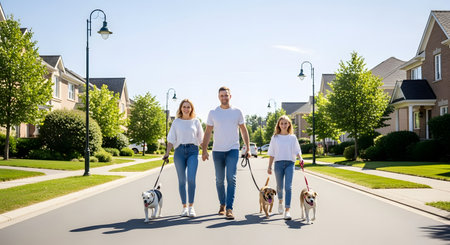 A happy family of three walks their dogs down the middle of a quiet street in a beautiful suburban neighborhood. The parents and daughter are smiling and holding leashes, enjoying a sunny day outdoors in a residential area with manicured lawns.の素材