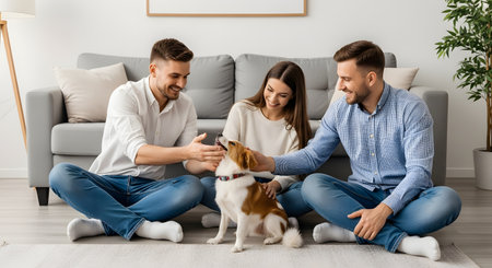 A cheerful group of friends sitting on the floor of a modern living room, playing with and petting a cute dog. The atmosphere is relaxed and happy, showcasing the bond between humans and their pets in a comfortable home setting.の素材
