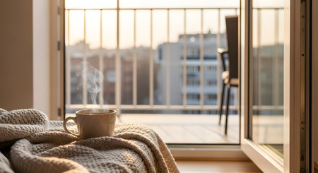 A steaming cup of coffee rests on a cozy knitted blanket by an open balcony door overlooking a city at sunrise. The image captures the peaceful feeling of a slow morning and enjoying the fresh air.の素材
