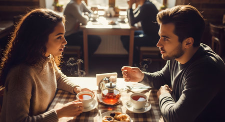 A young couple engages in a deep conversation while having tea at a cozy coffee shop. Sunlight streams in from the window, highlighting the steam rising from their cups and the romantic connection between them.の素材