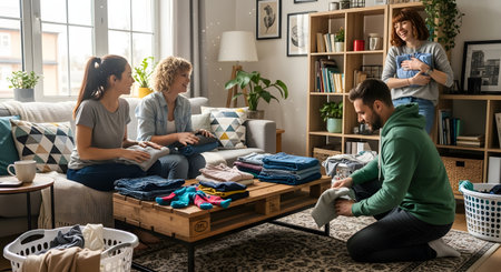 A group of friends laughing and talking while folding laundry together in a cozy living room. The scene depicts a shared domestic chore turned into a fun social activity among roommates or family.の素材