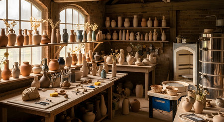 A rustic pottery workshop is filled with wooden shelves displaying numerous ceramic vases and pots in various shapes. Tools, a kiln, and worktables suggest a busy and creative artisan environment.の素材