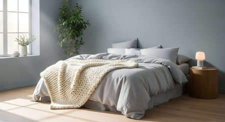 A modern, minimalist bedroom features an unmade bed with grey linens and a chunky knit cream throw blanket. A tall green plant and a simple bedside lamp add to the cozy, lived-in aesthetic of the room.の素材