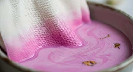 White fabric is being dipped into a bowl of vibrant pink dye, creating colorful swirls in the liquid. This close-up shot captures the textile dyeing process and the absorption of magenta pigment.の素材
