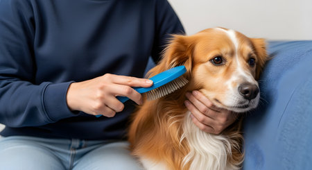 A person's hands gently brush the fur of a brown and white dog using a blue grooming tool. The image highlights pet care and hygiene routines in a home environment.の素材