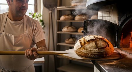 A professional baker wearing an apron uses a wooden peel to remove a steaming loaf of rustic bread from a hot brick oven. The background shows shelves filled with baked goods, capturing the authentic atmosphere of an artisanal bakery.の素材