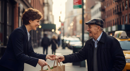 A smiling woman hands a paper bag of groceries to an elderly man on a city street. The scene depicts an act of kindness, volunteering, or neighborly support in an urban environment.の素材