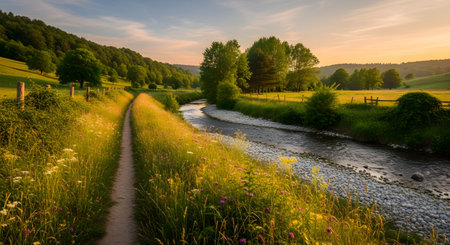 A picturesque landscape featuring a winding river flowing through a lush green valley with a dirt path running alongside it. The scene is illuminated by the golden light of sunset, highlighting the rolling hills and trees in the background.の素材