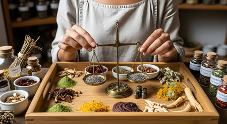 A herbalist weighs dried lavender and other natural ingredients on a vintage brass balance scale. The wooden tray is filled with various piles of herbs and powders, depicting the preparation of traditional natural remedies.の素材