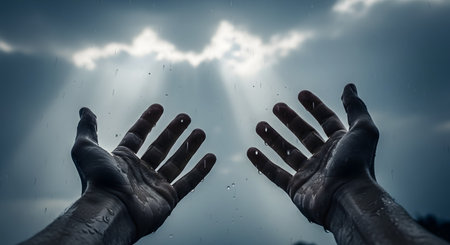 Two hands reach upwards towards a dramatic, cloudy sky with rain falling and shafts of light breaking through. The concept represents hope, spirituality, freedom, or a deep emotional connection with the elements of nature.の素材