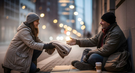 A compassionate young woman kneels to hand a warm folded blanket to a homeless man sitting on a city sidewalk. The winter scene depicts a moment of charity and human connection as the man reaches out to accept the donation.の素材
