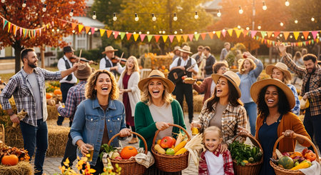 A diverse group of happy friends laughs while holding baskets of vegetables at an outdoor autumn harvest festival. The background features musicians, pumpkins, hay bales, and festive bunting, creating a lively and joyful party atmosphere.の素材