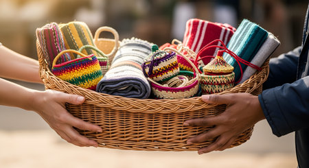 Two people hold a large wicker basket filled with colorful hand-woven textiles and small craft baskets at a market. The vibrant fabrics feature traditional patterns in red yellow and blue tones representing artisanal craftsmanship and cultural heritage.の素材